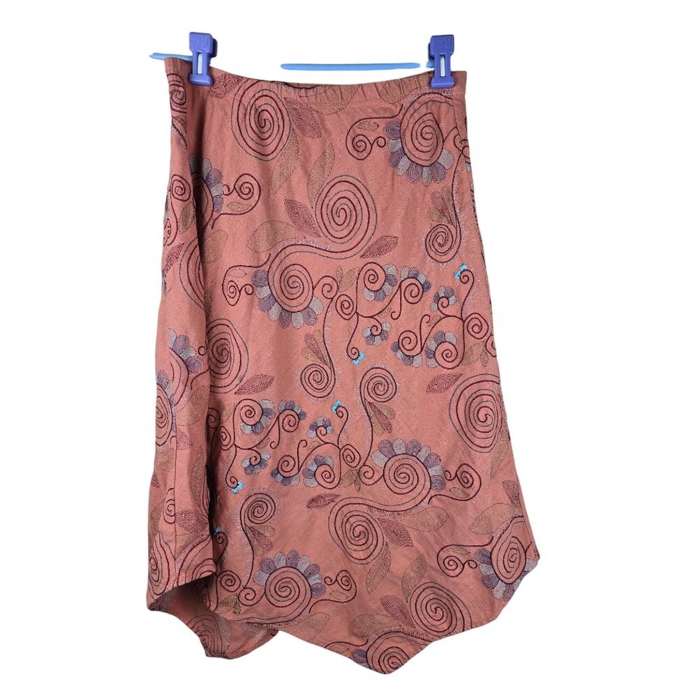 Russ Beren Hand-Colored Embroidered Asymmetrical Skirt S Linen‎ Blend Boho Fairy